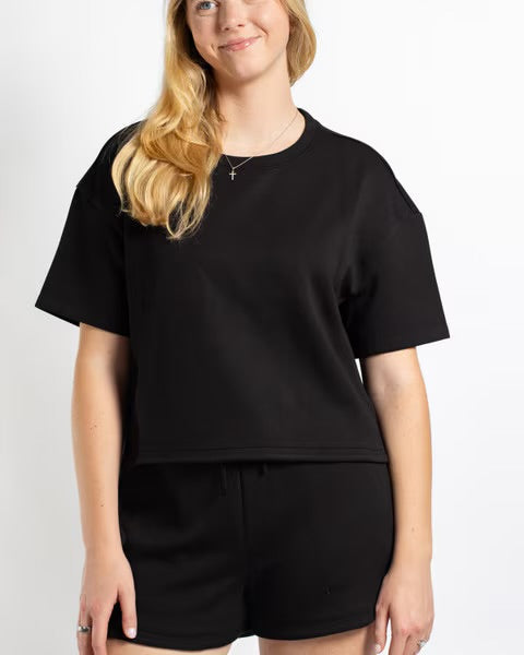 Black Taylor short-sleeve cropped crew neck top. Available in various sizes.