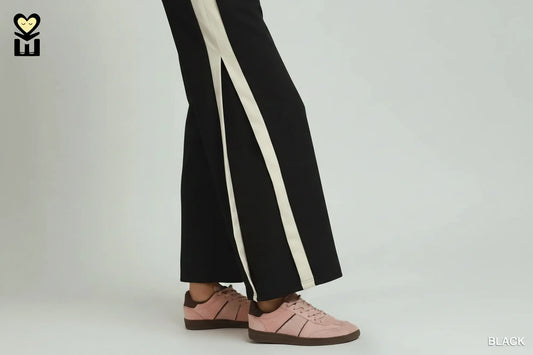 Black Colorblock Side Striped Straight Pants with white vertical side stripe; available in sizes S-XL.