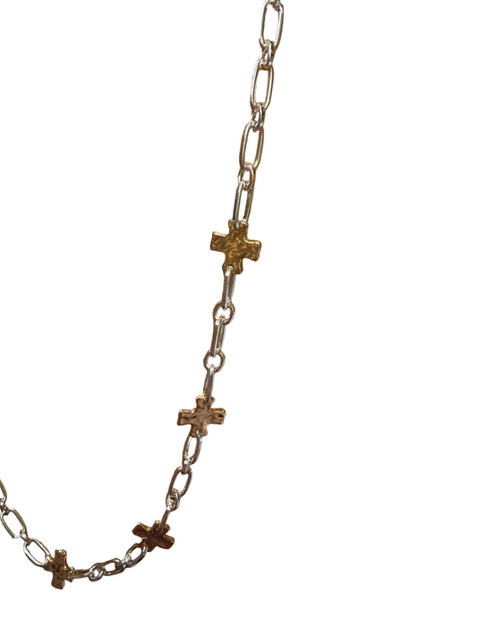 Dali Gold Silver Cross Necklace: silver chain with small cross pendants on one side and varied-size links. Available in multiple lengths.
