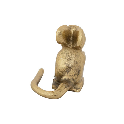 Small antiqued gold cast aluminum mouse figurine with curved tail; available in 2-inch and 4-inch sizes.