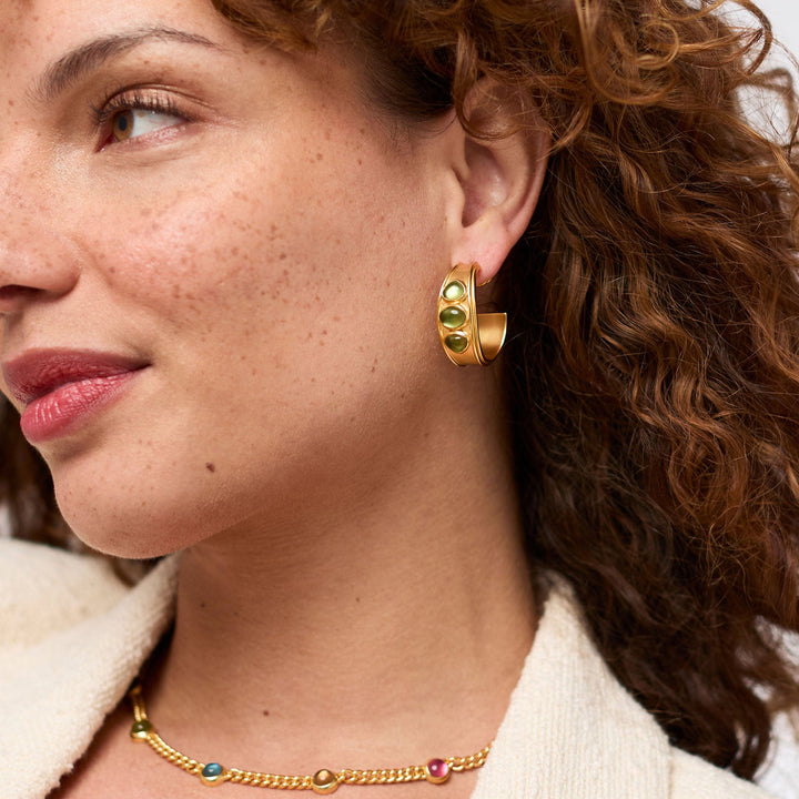 Dolce Stone Hoop Gold Earrings in Iridescent Palmetto by Julie Vos, available in small and medium sizes.