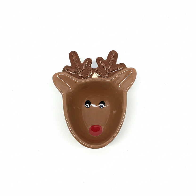 Small brown ceramic reindeer tidbit bowls with antlers and a red nose.