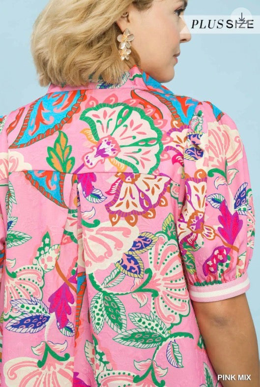 Jacquard Paisley Print Tunic Dress with a vibrant multicolored paisley pattern in pink, green, and blue. Available in plus sizes.
