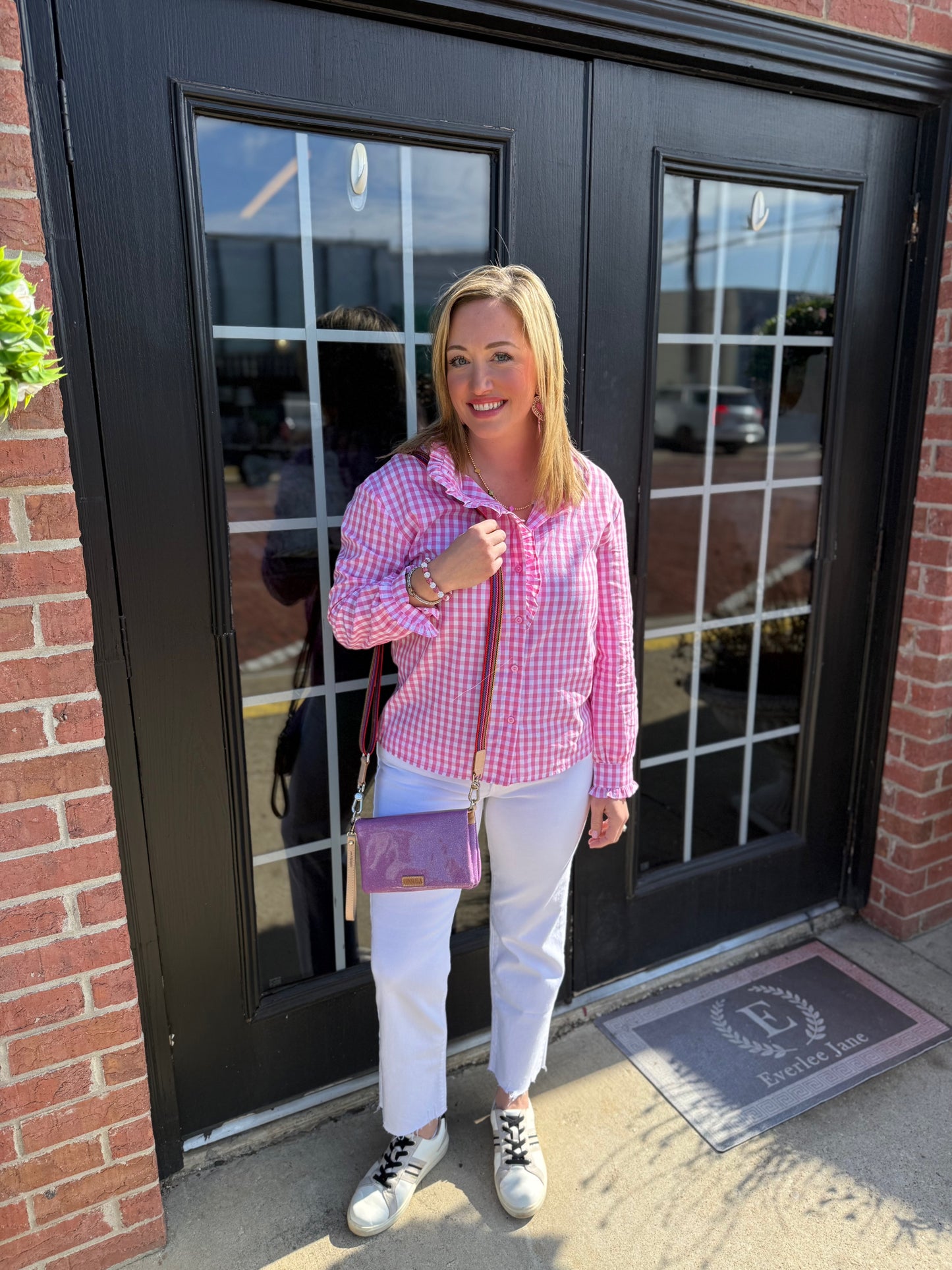 Pink Gingham Long Sleeve Ruffle Shirt