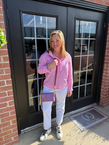 Pink Gingham Long Sleeve Ruffle Shirt