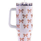 Sparkle Rhinestone Tumbler, 30oz, with large handle, rose-gold bow, clear lid, and white straw.