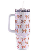 Sparkle Rhinestone Tumbler, 30oz, with large handle, rose-gold bow, clear lid, and white straw.