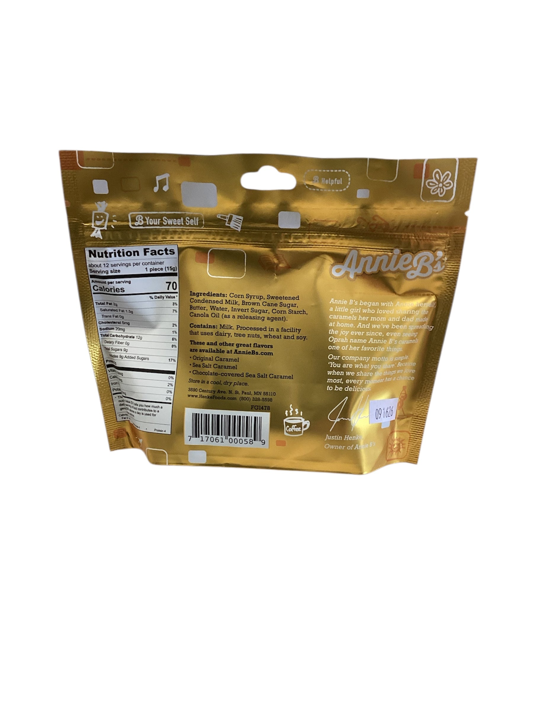 Gold Caramels Pouch, back view with nutrition facts and barcode; available in 4oz and 8oz sizes.