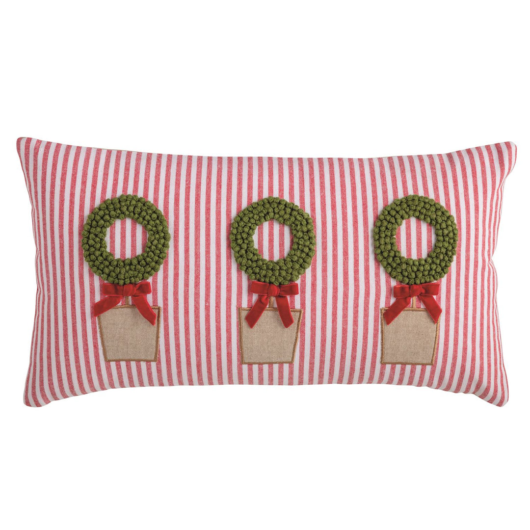 Lumbar Topiary Holiday Throw Pillow with red and white stripes and three appliquéd green topiary trees in pots with red ribbons. Available in lumbar size.