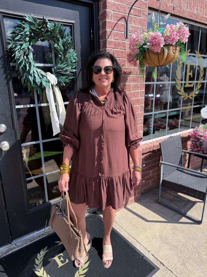 Brown Smocked Ruffle Tiered Mini Dress, available in sizes XS-XL.