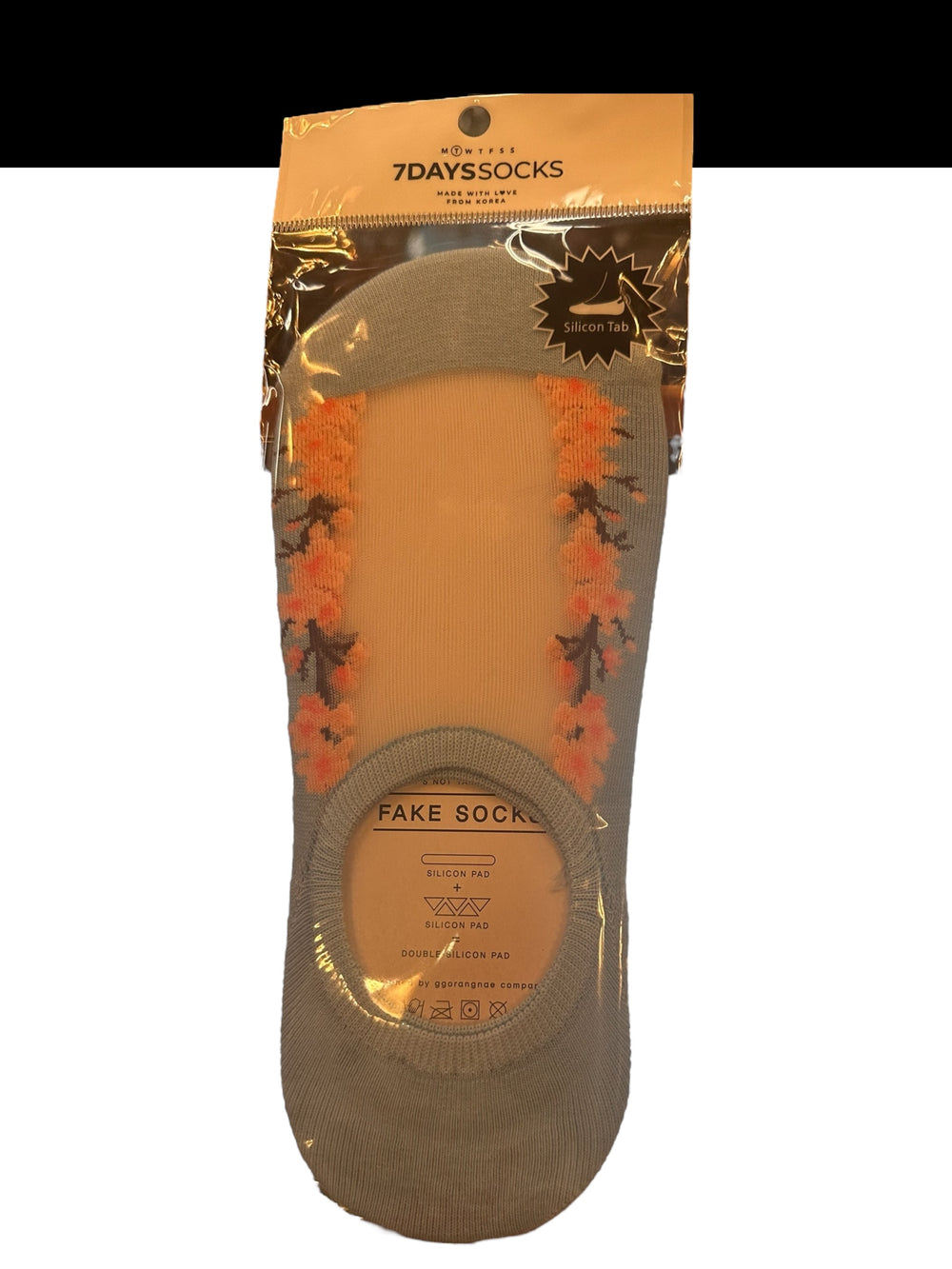7DAYSSOCKS Women Socks, light gray with orange/yellow floral embroidery, double silicone pad, S/M/L, visible in clear packaging.