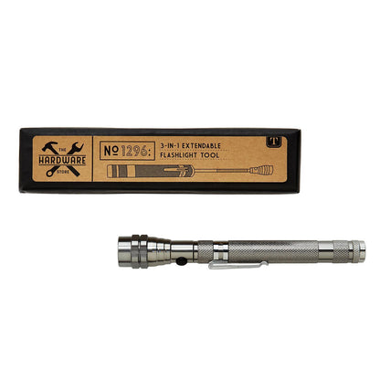 Silver extendable flashlight pick-up tool with pocket clip. Sizes available: not specified.