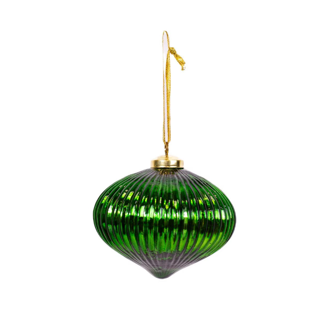 Ribbed green glass Mancini 4” onion ornament with a gold cap and hanging loop.