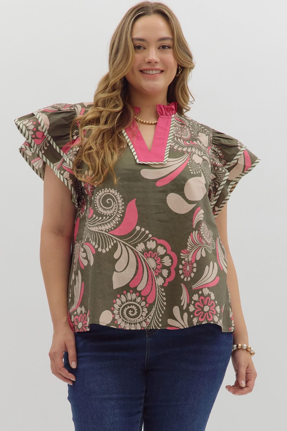 Paisley Tiered Top: floral cotton, ruffled sleeves, pink-trimmed V-neck. Available in sizes XS-XL.
