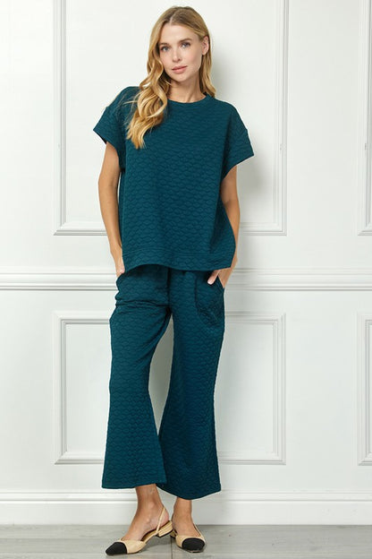 Dark teal Honey Comb Textured Set with matching wide-leg pants. Available in sizes XS-XL.