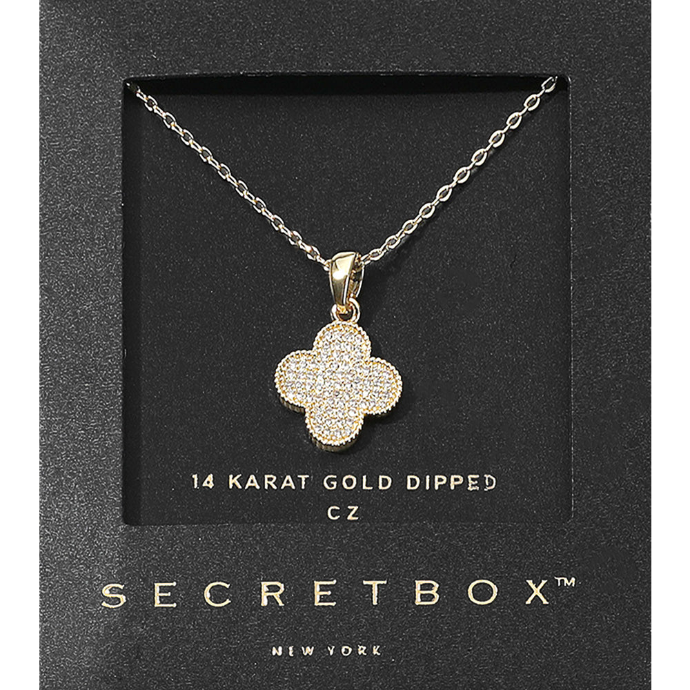 14K gold dipped clover pendant with CZ stones on a fine chain, in black box; available in one size.