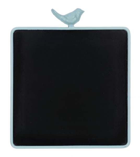 Square black chalkboard with light blue frame and bird figure at top; available in 10"x10" and 14"x14" sizes.