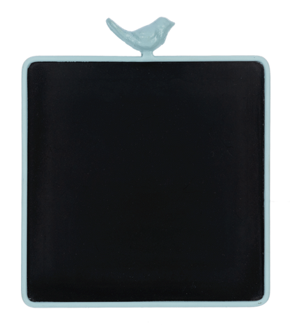 Square black chalkboard with light blue frame and bird figure at top; available in 10"x10" and 14"x14" sizes.