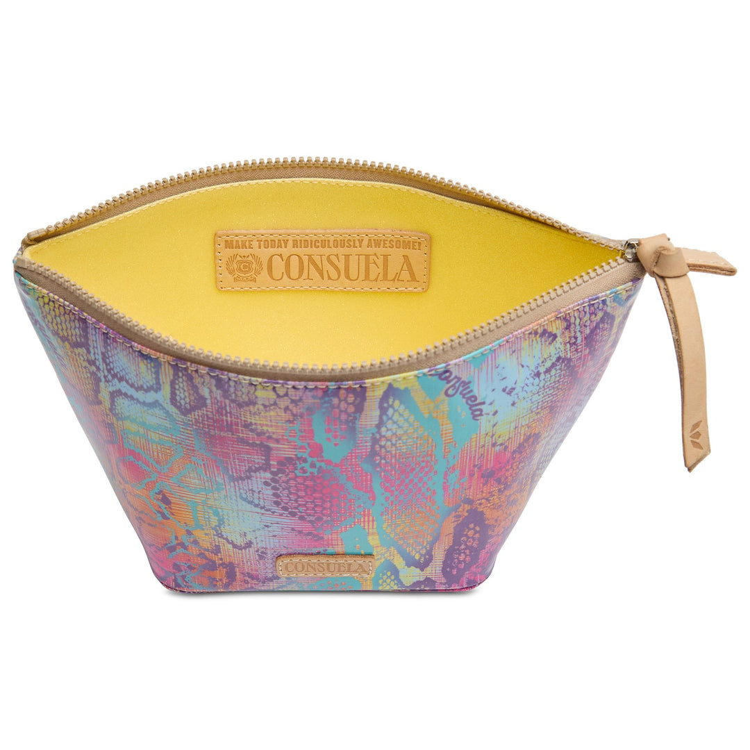 Colorful patterned zippered pouch with yellow interior, tan leather pull, "Consuela" patch. Available in one size.