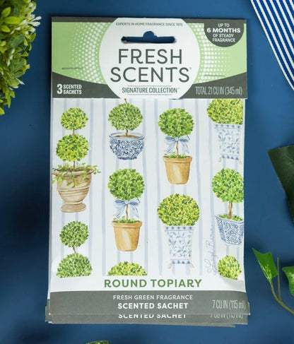 Round Topiary Scented Sachets, fresh green fragrance, long-lasting scent up to 6 months. Sizes available: [Not specified].