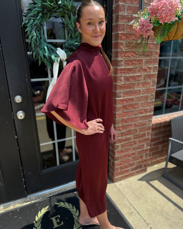 Satin Tie Back Midi Dress with tie-back detail, midi length. Available in sizes XS-XL.