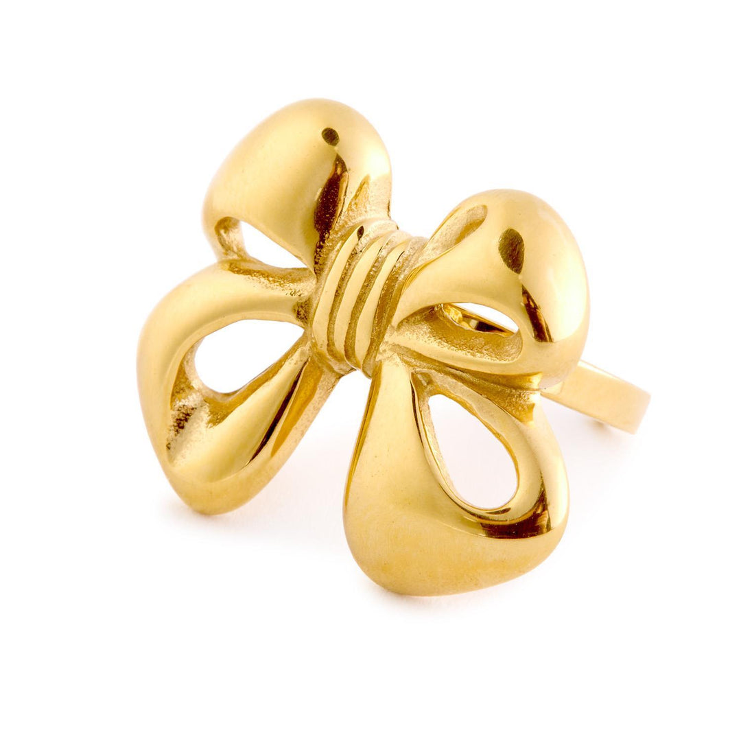 The Forget Me Not Ring: shiny gold bow, smooth edges, open loops, adjustable size. Available in S, M, L.