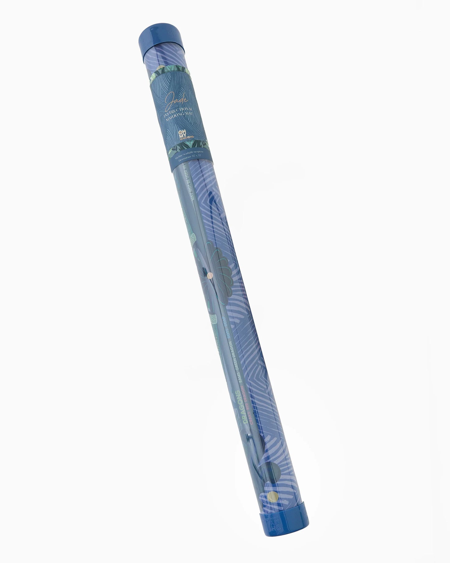 Cylindrical blue tube with decorative pattern and labeled top, designed to store Mahjong Jade Mats; available in multiple sizes.