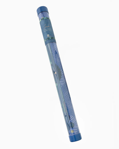 Cylindrical blue tube with decorative pattern and labeled top, designed to store Mahjong Jade Mats; available in multiple sizes.