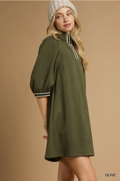 Olive Jacquard High Neck Dress with half sleeves and striped trim. Available in sizes XS–XL.