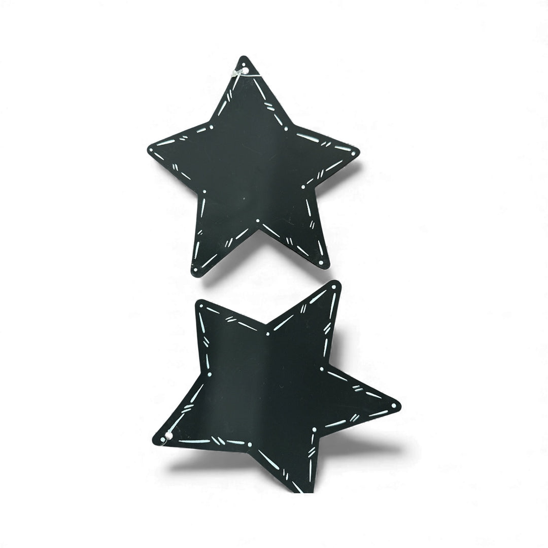 Two black metal star chalkboard ornaments with white dashed borders.