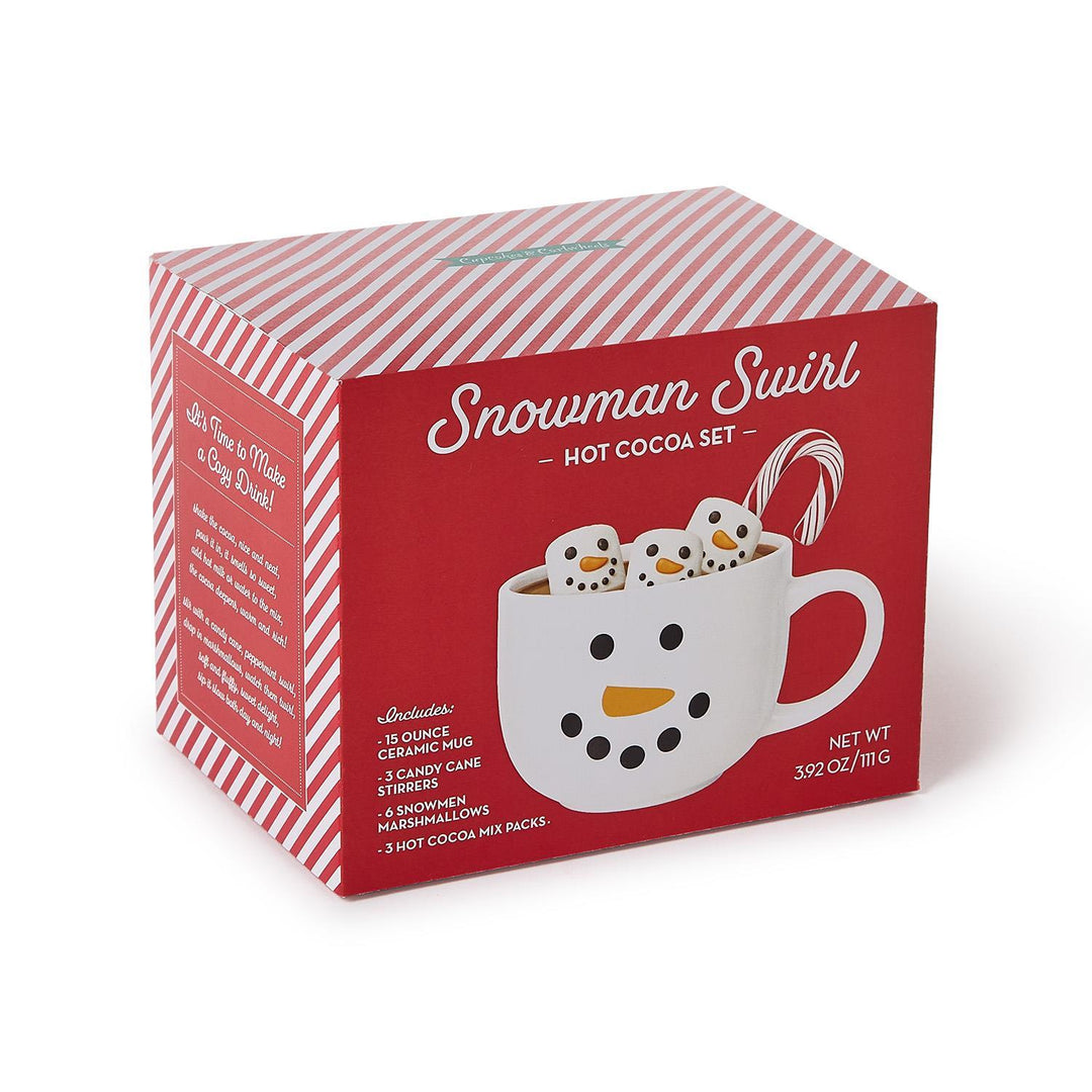 Snowman Swirl Hot Cocoa Set in red-and-white striped packaging, including a snowman-face mug, three snowman-shaped marshmallows, and a candy cane.