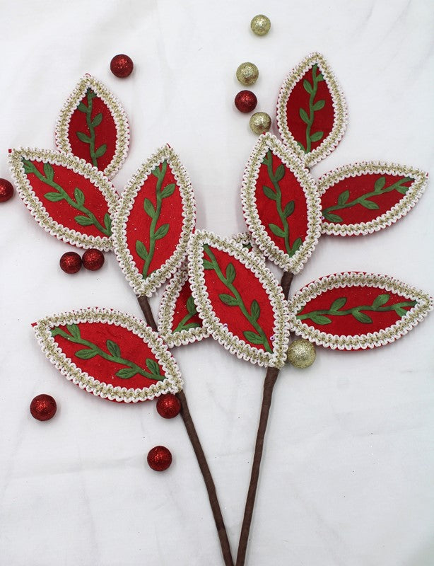 Leaf Stem Red With Green Vines featuring felt red leaves, green embroidered vines, and gold scalloped trim.