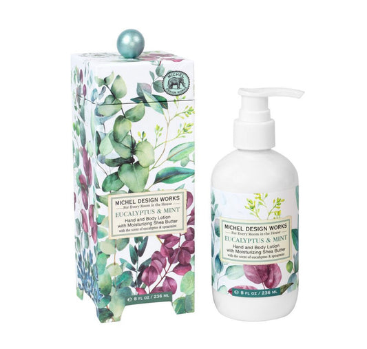 Michel Design Works Eucalyptus & Mint Lotion bottle; available in 8oz and 16oz sizes.