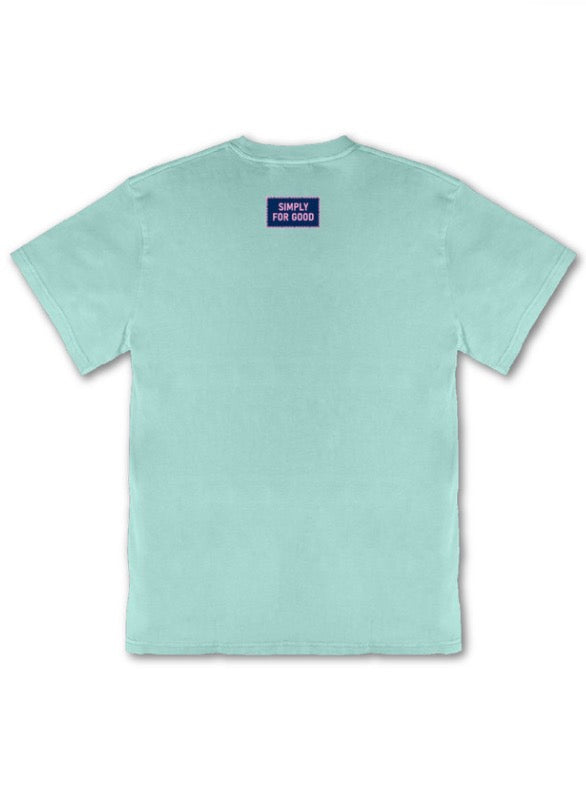 Light blue Good Day Striped Logo T-Shirt, back view, navy label at neck with white “SIMPLY FOR GOOD.” Available in S-XL.