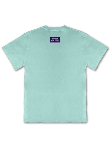 Light blue Good Day Striped Logo T-Shirt, back view, navy label at neck with white “SIMPLY FOR GOOD.” Available in S-XL.