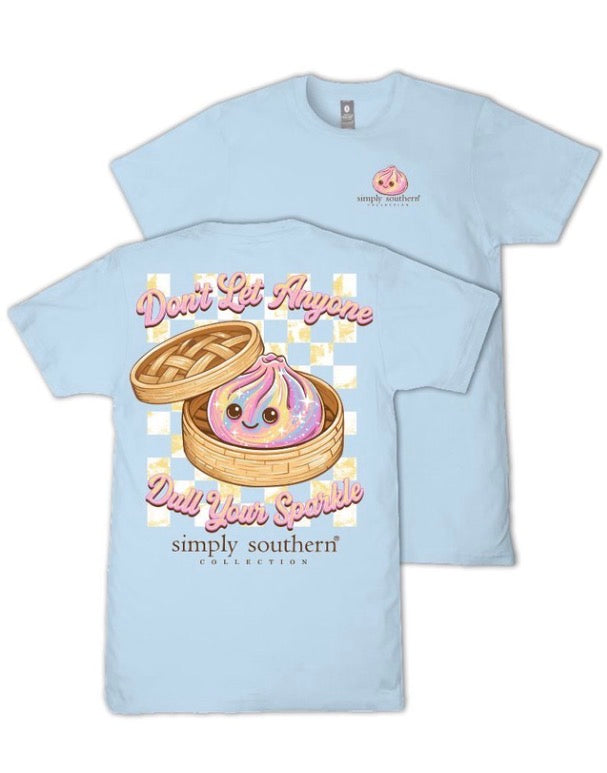 Light blue tee with pink dumpling in bamboo steamer and quote on back; front has small dumpling logo. Sizes S-XXL.