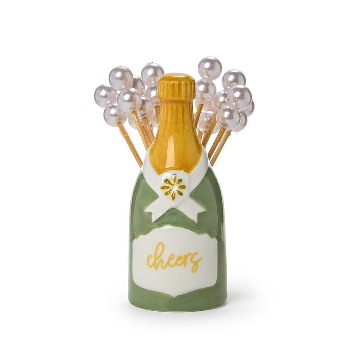 Champagne Bottle Pick Holder with 20 Pearl Cocktail Picks; ceramic bottle with twenty pearl-topped cocktail picks.