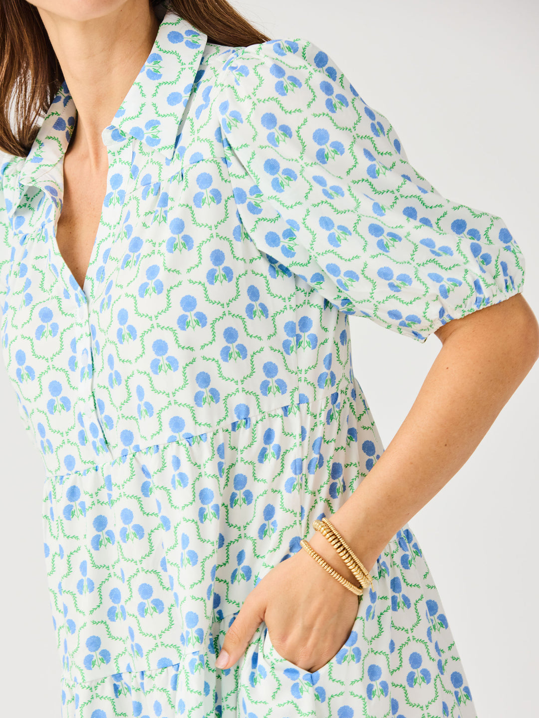 Eloise Sweetbriar Lattice Dress with white puff sleeves, blue/green florals, and pockets. Available in sizes XS-XL.