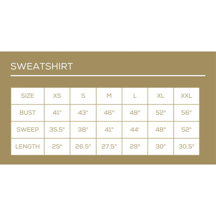 Size chart for Stockbridge Tree Sequin Sweatshirt: bust, sweep, and length measurements for sizes XS–XXL.