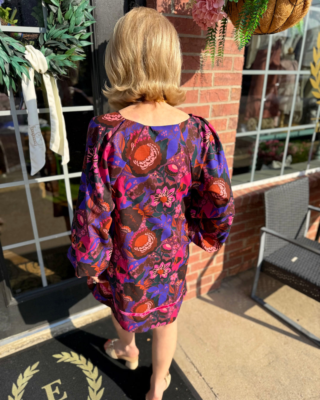 Shirred Floral Shift Dress, available in sizes XS-XL.