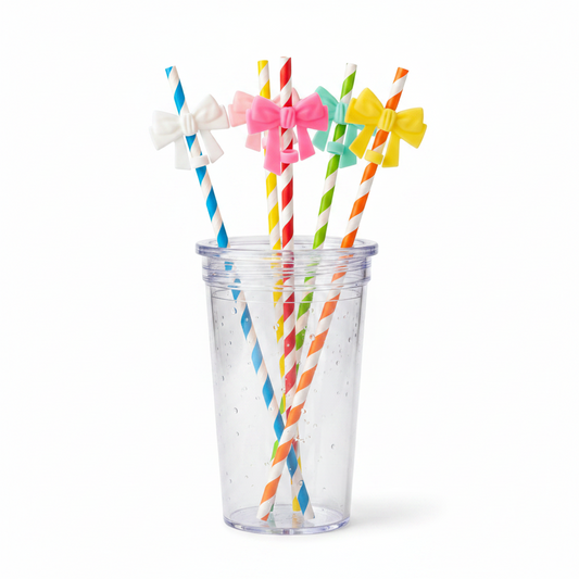 Large double ribbon bow straw covers in white, pink, green, yellow, or orange shown on striped straws. Sizes: Large only.