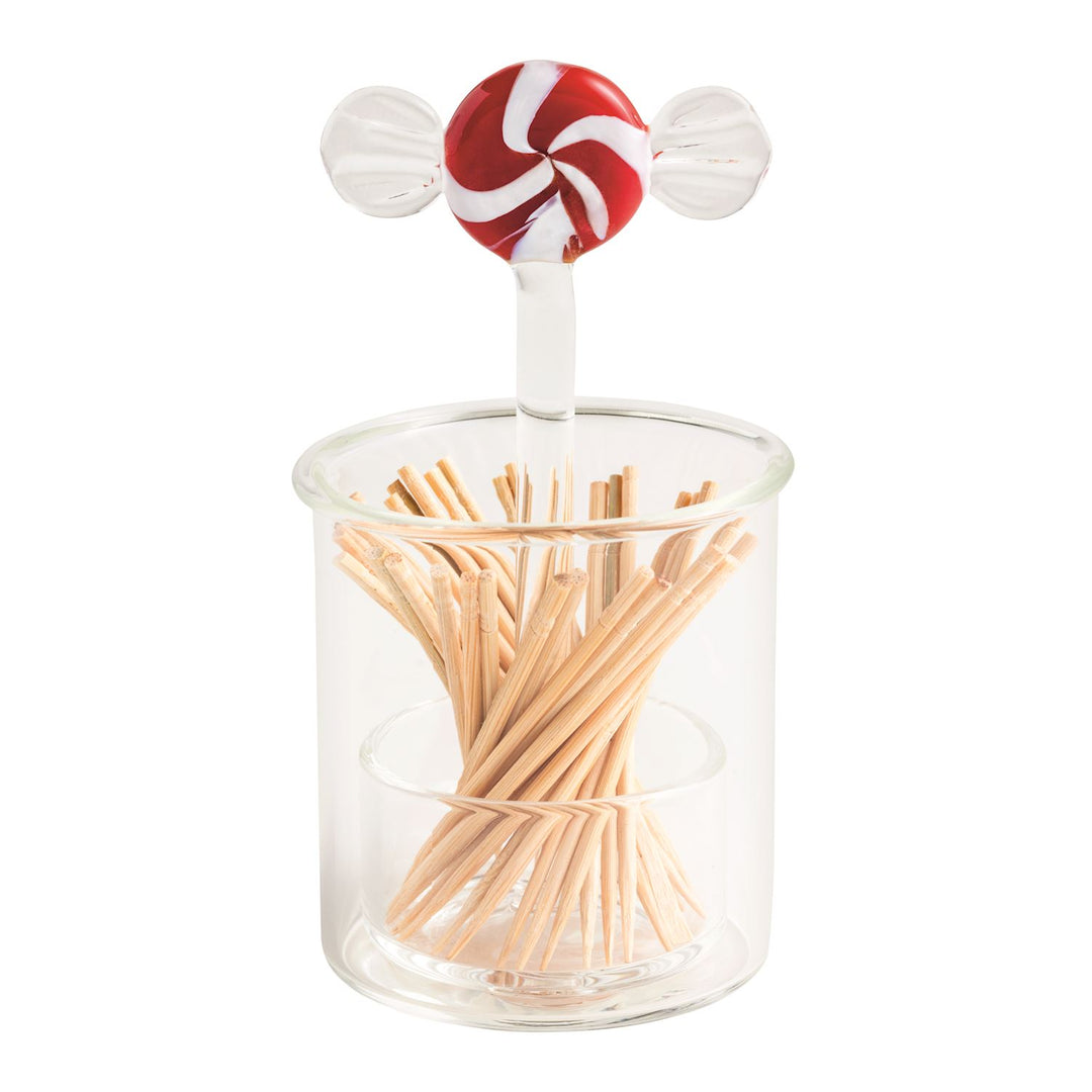 Holiday Glass Toothpick Holder with a clear base, peppermint candy ornament, and wooden toothpicks.