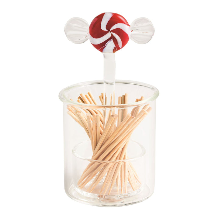 Holiday Glass Toothpick Holder with a clear base, peppermint candy ornament, and wooden toothpicks.