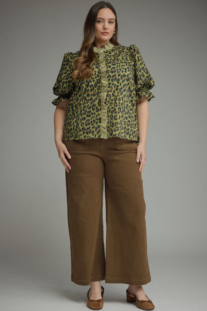 Olive Leopard Puff Sleeve Ruffle Top with tiered ruffles and puff sleeves. Available in sizes XS–XL.