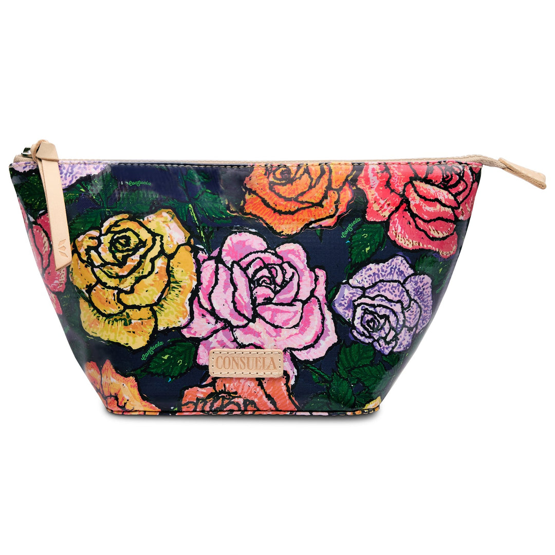 ConsuelaCloth cosmetics bag, zipper top, rose print, tan leather pull, front "CONSUELO" label. Size: Large.