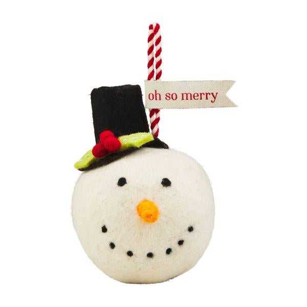 Felted wool snowman snowball ornament with top hat, holly, orange nose, and “oh so merry” tag.