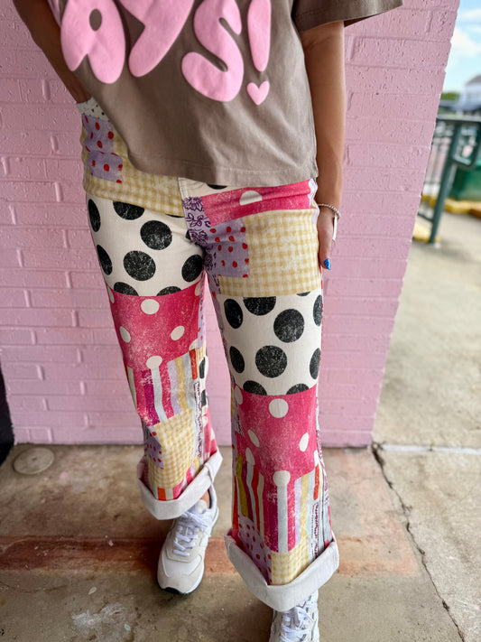 Harper Playful Patch Denim Pants with polka dots, yellow checks, and pink patterns. Available in sizes XS–XL.