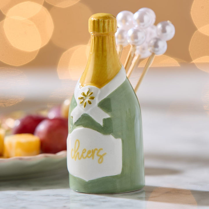Champagne bottle pick holder with 20 pearl cocktail picks.