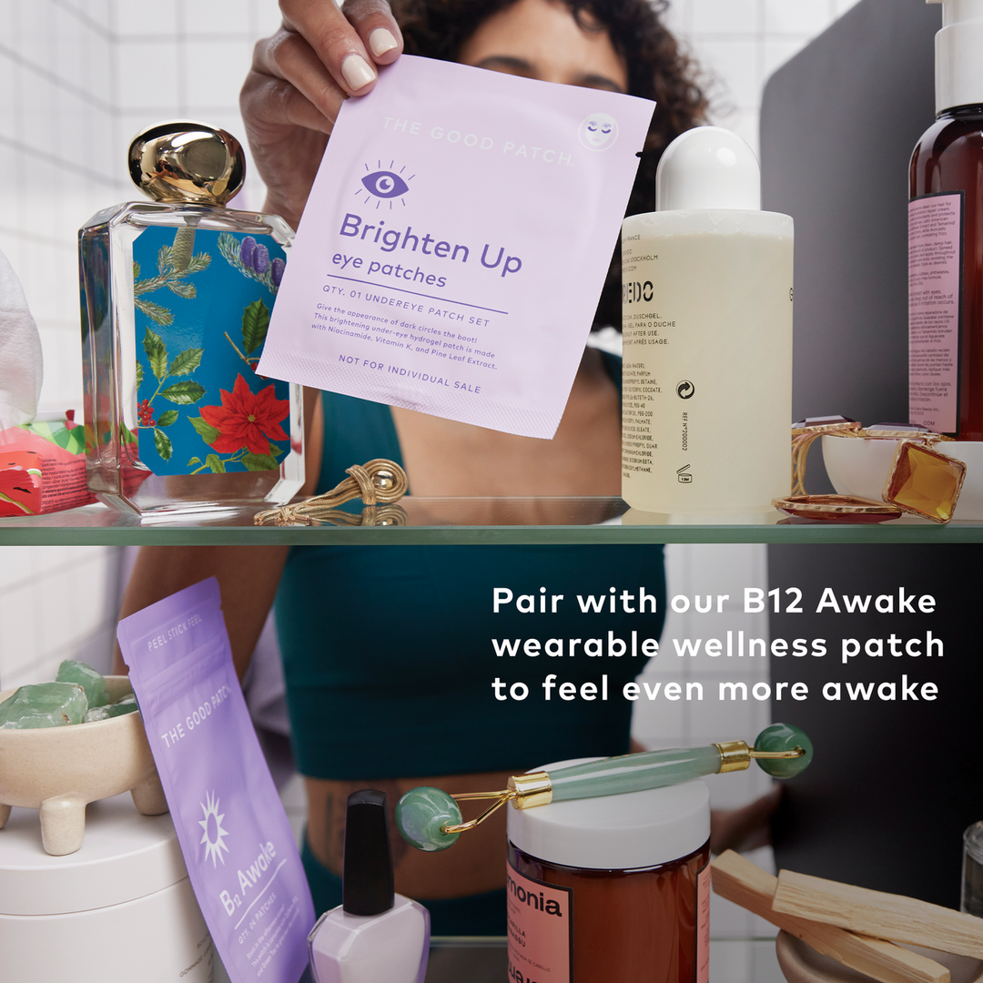 Brighten Up Patch displayed; available in 10-pack and 30-pack. Text: “Pair with our B12 Awake Patch for dark circles.”.