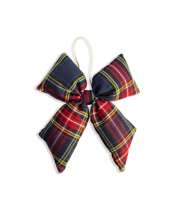 Campbell Bow Ornament in red, navy blue, yellow, and white plaid fabric with a gold hanging loop.